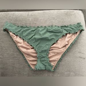 Army green bikini bottom with ruffles and ruched back